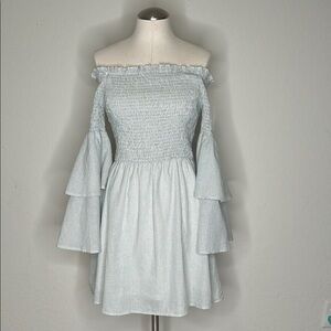 Green Off-Shoulder Smocked Sundress with Bell Sleeves